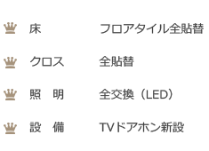 Other Points:床－フロアタイル全貼り替え、クロス－全貼替、照明－全交換（LED）、設備－TVドアホン新設